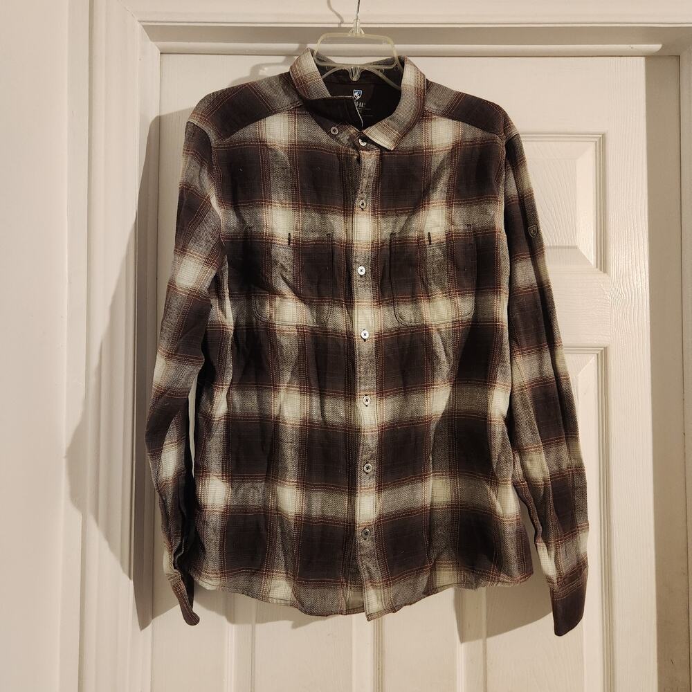 Kuhl Brown Plaid Flannel Pockets LS Cotton/Tencel Button Front Shirt Mens Large